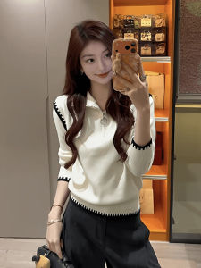 Korean Style High Collar Half Zip Long Sleeve Womens Knitted Top Slimming Base Layer Trendy Chain Detail Casual Wear