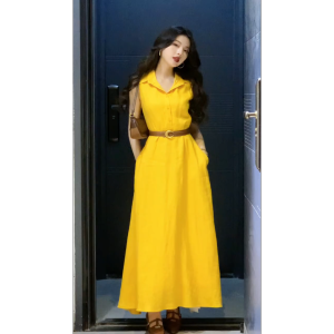 Lemon Yellow Stand Collar Sleeveless Dress Womens Summer Slimming Waist Cinched Unique Beautiful Dopaamine Style A-Line Skirt
