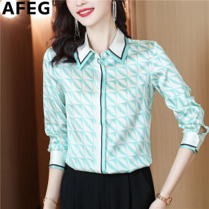AFEG new Korean style shirt collar fashion slim all-match silk satin print long sleeves for women