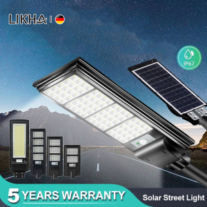 LIKHA Solar Street Light Outdoor Waterproof LED Solar Parking Lot Light Dusk to Dawn Solar Floodlight Wide Angle Motion Sensor Area Lighting Garden Light