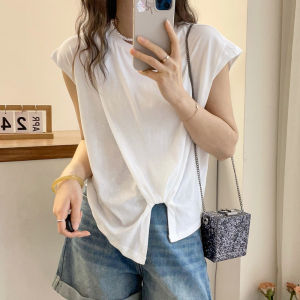 Summer New Womens Loose T-Shirt Asymmetrical Slit Sleeveless Fashionable Streetwear Creative Pattern Korean Style round Neck