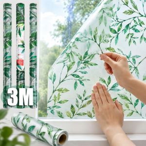Green Floral Stained Glass Window Film Sticker Static Non-Adhesive UV Block Day & Night Privacy Covering Removable Glass Tint Window Decal for Home Office