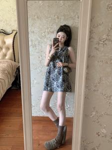 VKSOD | New Chinese Retro Watercolor Print Vest Dress Women Summer Fashion Loose Sleeveless A-Line Short Skirt High Waist Commute Style