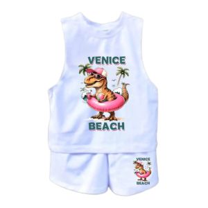 Terno for kids Summer Cute Baby Boys Muscle tee short Outfits with  white sleeveless tops featuring beach-themed graphics and matching shorts.