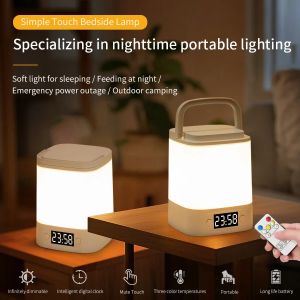 3 Color LED Table Lamp Clock Time Display Screen Rechargeable Desk Reading Light Remote Touch Dimmable Night Light Bedroom Decor