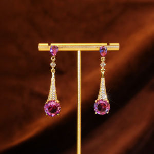 SEQUITO Elegant Ladies Gold Plated Ear Decoration Pave Setting Purple AAAAA Cubic Zircon Teardrop Cut Pendant Long Drop Evening Earrings SE1067