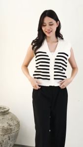 QUEENTIN Vest Wanita Rajut 881 Mix Knit Motif Salur Tanpa Lengan