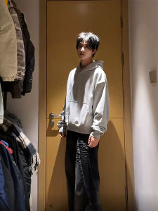 Gray Fleece-Lined Short Sweatshirt Mens Autumn Winter Inner Wear American High Street Couple Hat Shirt Youth Trend Cotton Polyester Blend