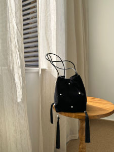 Special-Interest Design Beaded Tassel New Chinese Style Shoulder Handbag Large Capacity Fashion Matching Womens Bag Black Velvet Bag