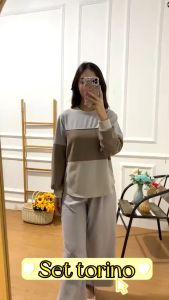 AQILA - Setelan One Set Wanita Torino Lengan Panjang Kombinasi 3 Warna Salur Stripe