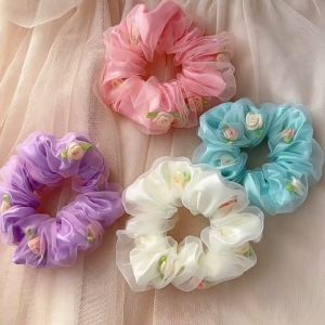 Dây Cột Tóc vải scrunchies 2 lớp vải voan hoa hồng màu sắc cho nữ