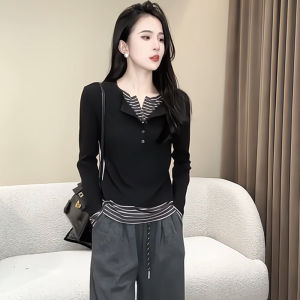 Fashionable Korean Style Long Sleeve T-Shirt Womens Slim Fit Patchwork Color Block Top Casual Wear Winter Season Ladies Tee