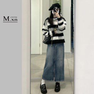 High Waist A-Line Midi Denim Skirt Womens Vintage Washed Retro Spring Season Loose Fit Cotton Polyester Blend Skirt