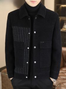 HENGYUANXIANG | Hengyuanxiang Mens Woolen Jacket Coat Thickened Winter Fashion Slim Fit Shirt Stripe Pattern Turn-down Collar Outerwear