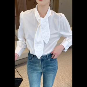 AMMIN 2025 Spring and Autumn new simple stand collar fashion delicate three-dimensional rose embroidery design bow streamer Long sleeve commuter cotton shirt woman Korean style white career elegant blouse