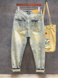 Casual Harajuku Style Mens Long Jeans Loose Straight Leg Ink Splashed Denim mid Waist Zipper Fly Four Seasons Wear