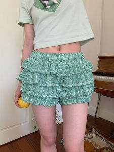 กางเกงขาสั้นผ้าโพลีเอสเตอร์สีเขียว MeihaoStore ทรงเอวสูง ทรงหลวม สำหรับฤดูร้อน ปี 2024 กางเกงขายาวทรงเอวสูง