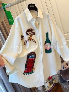 YEBO | Heavy Embroidery Long Sleeve Shirt Autumn Retro Loose Casual Turn-down Collar