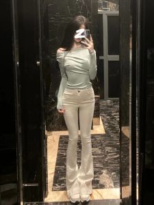 สูง เอว รุ่นขยาย สูง 180 ซม. ผู้หญิง ขาตรงไมโครบานสีฟ้าอ่อน กางเกงยีนส์ ฤดูใบไม้ผลิ ฤดูใบไม้ร่วง ยืดได้ Slim Fit