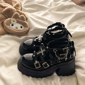 Punk Style Thick Heel Boosting Black Leather Shoes for Women Spring Autumn New Style Japanese JK Single Shoes Fashionable round Toe