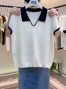 QINGNAER | Minimal Korean Style Contrast Collar Knit Top