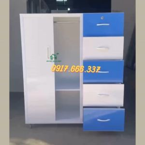 Tủ nhựa 2 cánh lùa 5 hộc kéo màu xanh trắng dễ thương 1M06X1M25 cho bé yêu