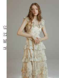 French Style Floral Print Maxi Dress Womens Summer Long Skirt with Fly Sleeve U Neck High Waist a Line Dress Vacation Style