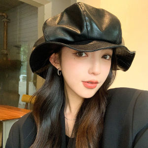 สีดำ หมวกเบเรต์คลาวด์ ผู้หญิง ใหม่ 2024 ฤดูใบไม้ผลิ ฤดูใบไม้ร่วง หลากหลาย เส้นรอบวงใหญ่แปดเหลี่ยมพับ หนัง หมวกจิตรกร