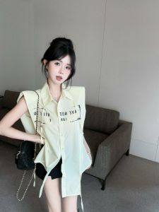 GUZILIAN | Summer Unique Beautiful Yellow Sleeveless Polo Neck Shirt Womens Irregular Shoulder Pad Top With Belt Waist In Korean Style