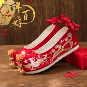 Gold Embroidered Wedding Shoes Womens Hanfu Style Adult High Top Traditional Chinese Shoes Floral Pattern round Toe EVA Outsole