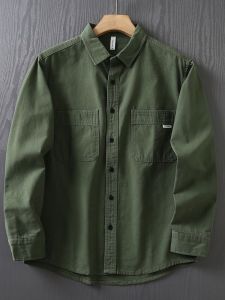Military Style Pure Cotton Work Shirt Mens Long Sleeve Spring Autumn Slim Fit Double Pocket Casual Shirt Jacket