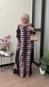 Gamis Batik Twill Lengan Panjang Bahan Premium Motif Batik Cap Pekalongan Model Kancing Depan Tali Samping Lengan Karet Kekinian