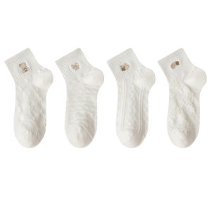 White Short Cotton Socks Womens Mid-Calf Thin Autumn Winter Spring Summer Breathable Sweat Absorbent Cute Embroidery Versatile