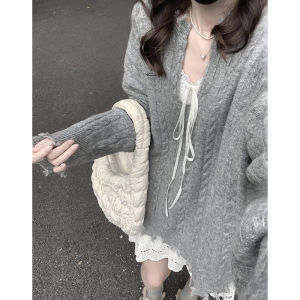 Retro Korean Style Womens Long Sleeve V-Neck Knitted Sweater Loose Casual Spring Autumn Gray Twist Knit Top Trendy Fashion