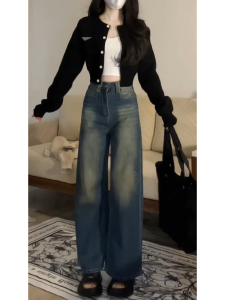 กางเกงยีนส์ทรงตรงเอวสูงทรงหลวมสำหรับผู้หญิง กางเกงขายาวทรงหลวมสไตล์ย้อนยุค กางเกงยีนส์ทรงหลวมสำหรับผู้หญิง