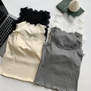 Casual Lace Splice Square Collar Strap Vest Women Summer Elastic Top with Chest Pad Gentle Wind Versatile Soft Color Solid