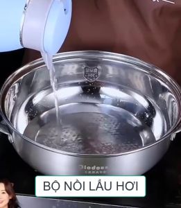 <Inox304> Bộ nồi lẩu hơi nồi hấp đa năng với đáy 3 lớp thân bằng inox 304 kích thước 30cm và 32cm.