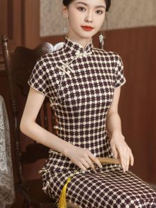 Elegant Plaid Reformed Cheongsam Dress Womens New Style Spring National Trend Stand Collar Classy Atmosphere Slit Skirt