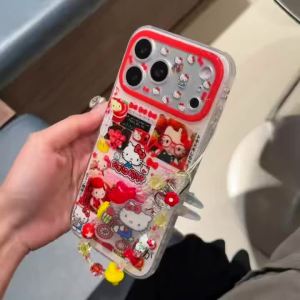 Sanrio | Ốp Điện Thoại Hello Kitty Hàn Quốc Màu Đỏ Dành Cho iPhone 15/16/17 Pro Max Có Dây Đeo Chống Sốc Chống Xước Chất Liệu Nhựa Chủ Đề Xe Đạp