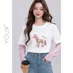 YOUXIANG | Áo Thun Nữ cổ Tròn T Tay Dài Phong Cách Cổ Điển In Hình Hoạt Hình