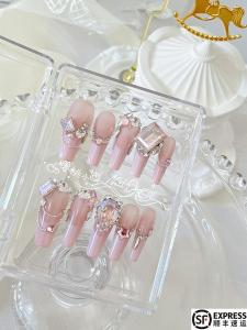 Full Drill Pink Handmade Luxury Nail Art Stickers Cherry Little Di Nail Any Skin Type China Made Wearable False Nails