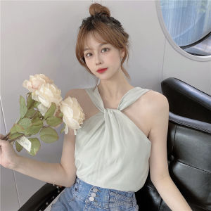 เสื้อสายเดี่ยวผ้าชีฟองแขนกุดสไตล์นางฟ้าสไตล์ฝรั่งเศส สำหรับผู้หญิง ฤดูร้อน 2023 แขนกุด คอวี ทรงหลวม ผ้าผสมโพลีเอสเตอร์