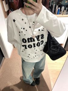 Polka Dot Letter Print Long Sleeve Womens T-shirt Casual Base Layer Shirt Autumn High Street American Hot Girl Creative Pure Cotton