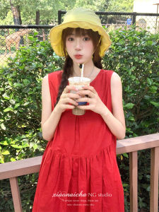 French Style Retro Red Sleeveless Shoelace Vest Dress Womens Summer New Arrival Small Waist-Tight Slimming Midi Dress