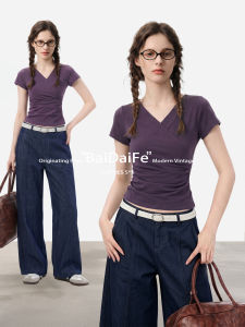 BAIDAIFEI | Purple V-Neck Short Sleeve Fitted T-Shirt
