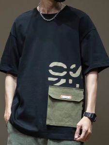 Large Size Casual Mens T-shirt Short Sleeve Cotton Business Gentleman Style with Multiple Pockets for Summer Cool Feeling