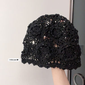 Spring Summer Handmade Knitted Hollow out Flower Cap Womens Versatile Travel Hat Face Slimming Sunshade Bucket Hat