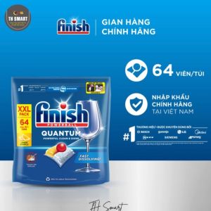 Combo Viên Rửa Bát Cao Cấp FINISH Quantum Hương Chanh Túi 64 viên Muối Bóng Cho Máy Rửa Bát