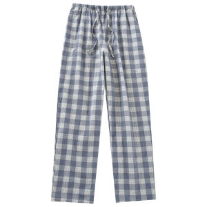 กางเกงนอนผ้าฝ้ายแท้หลวมๆ บางๆ สำหรับผู้ชาย กางเกงขายาวลายสก็อต ใส่ในบ้านได้ กางเกงขายาวลำลอง ฤดูใบไม้ผลิ ฤดูร้อน ฤดูใบไม้ร่วง
