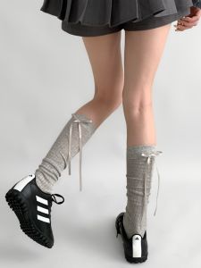 Gray Butterfly Knot Socks Ballet Style Mid-Calf Summer Thin Womens Grey Butterfly Knot Stacked Socks Studio Teaching Room